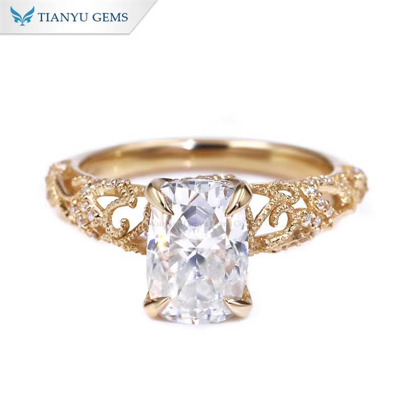 Tianyu Gems Cushion Cut Moissanite Def Vvs1 69mm 25ct 14k Yellow Gold Hollow Design Engagement Ring for Women