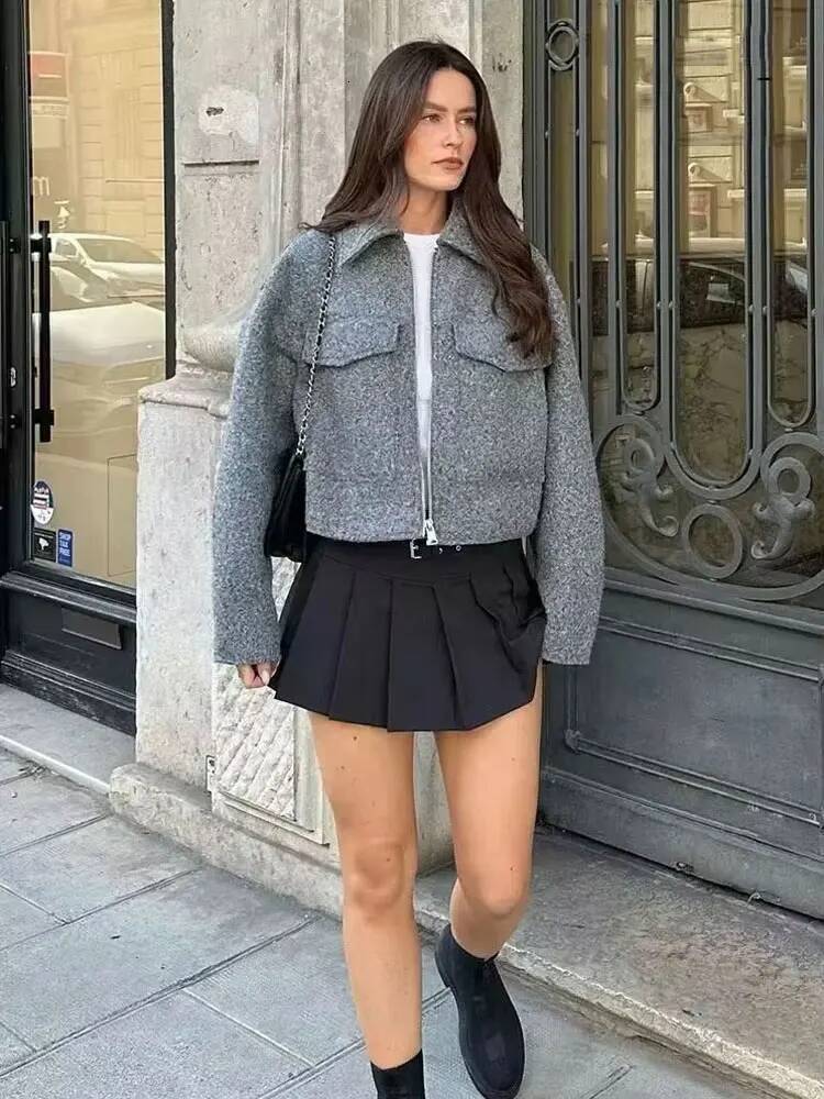 winter jacket women Women Fashion Patch Pockets With Flaps Cropped Jacket Coat Vintage Long Sleeve Front Zipper Female Outerwear Chic Tops