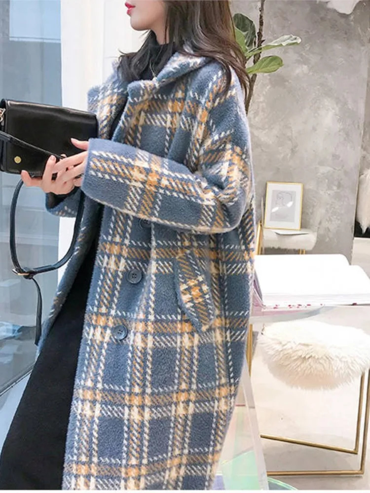 Bella Winter Plaid Women Faux Mink Cashmere Woolen Coat ladies casual turndown collar coats female warm outwear 251010
