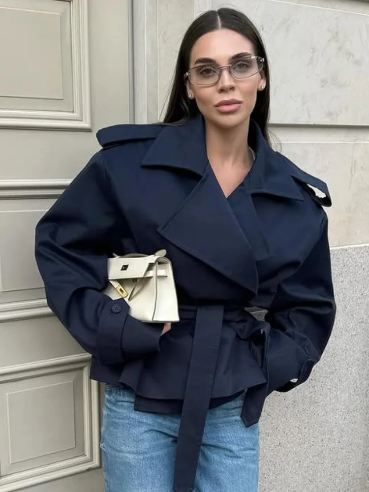 Cropped Laceup Blue Casual Trench Coat Women Lapel Long Sleeve Wide Shoulder Windbreaker Jacket Fall Commute Daily Streetwear 251030