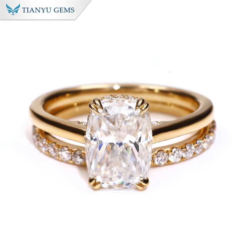 Tianyu Gems Cushion Brilliant Cut 75105mm 4ct Moissanite 10k 14k 18k Solid Yellow Gold Fashion Jewelry Ring Set for Women