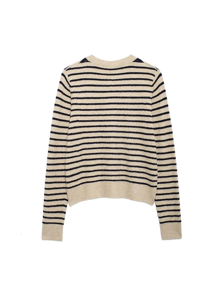 European and American style autumn womens clothing simple round neck long sleeve striped fine knitted cardigan sweater jack 251028