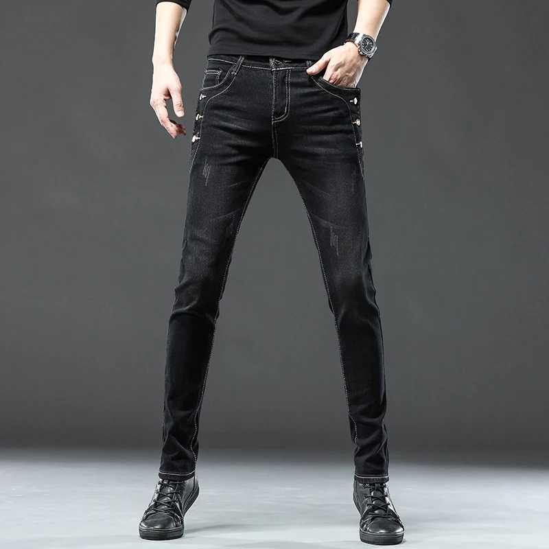 New Men Slim Korean Button Jeans Black Skinny Solid Color Stretch Multibutton Youth Male Denim Pants Streetwear J251030