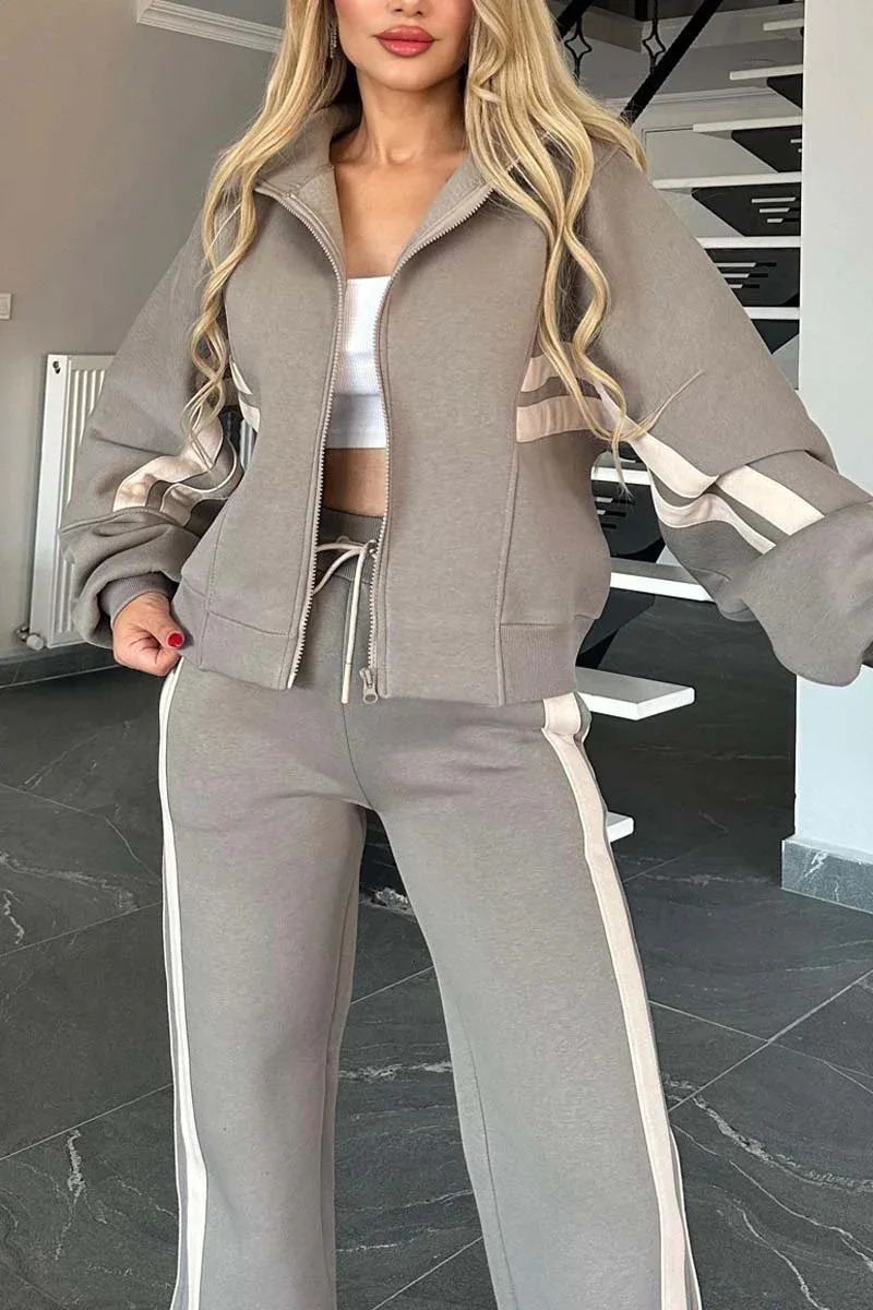 Autmn Winter Zipper Crop Top Wide Leg Pants Two Piece Set Women Casual Striped Outfits Streetwear Y2K Sport Suits Outerwears 251029