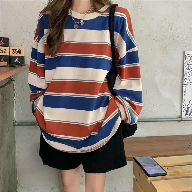Womens Autumn Tshirt Striped Top Sweatshirt Korean Fashion Longsleeved Tshirt Spliced Loose Couple Oversized Hoodie 251030