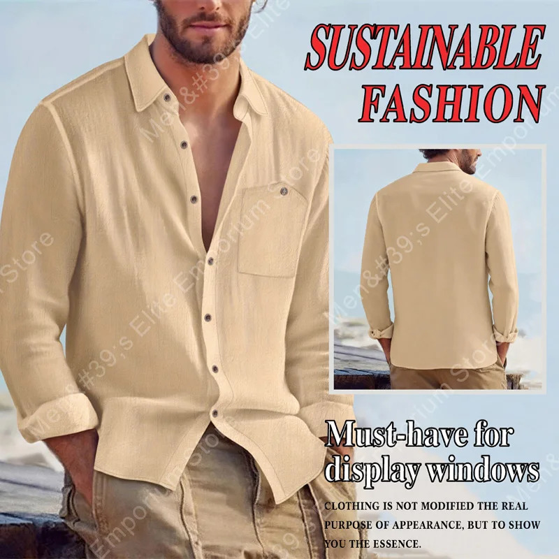 Mens spring and autumn linen cardigan long sleeved shirt casual loose breathable button top suitable for daily leisure or Party 251017
