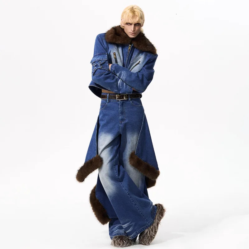LUZHEN Fashion Original High Quality Fur Neck Patchwork Washed Denim Jacket Men 2025 Fashion Street Casual Short Coat JY4506 251024