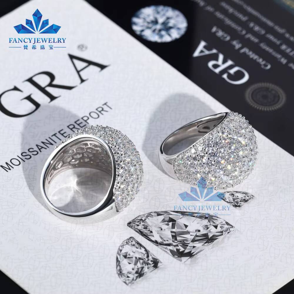 Unisex Luxury 925 Silver Fine Jewelry Iced Out Hip Hop Style Moissanite Diamond Rings with Rhodium Plating