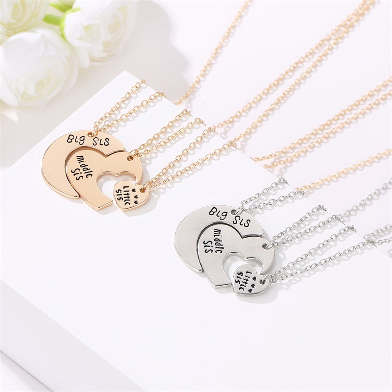 Family Letter Set of Three Large Medium Small Moon Heart Pendant Necklace