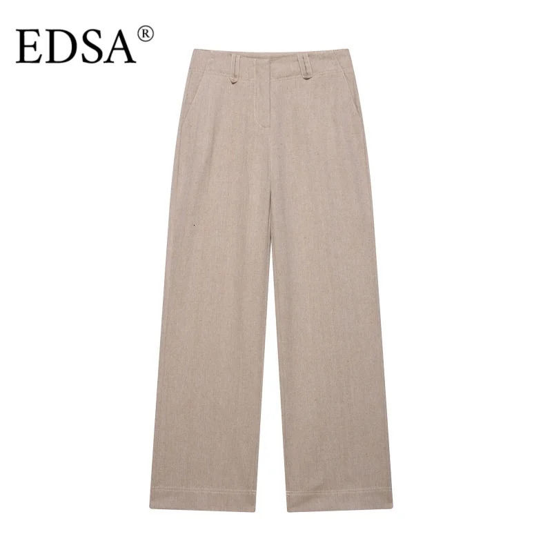 EDSA Women Khaki Herringbone Pants Set Cropped Jacket Long Sleeves Side Zip Lowrise Straight Leg Long Trousers Female Suits 251028