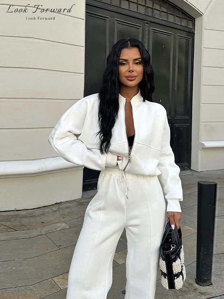 Casual Sweatshirt Pants Set Women Spring Autumn Zippers Oneck Jacket Loose Laceup Elastic Waist Trousers Suits Lady Solid 251029