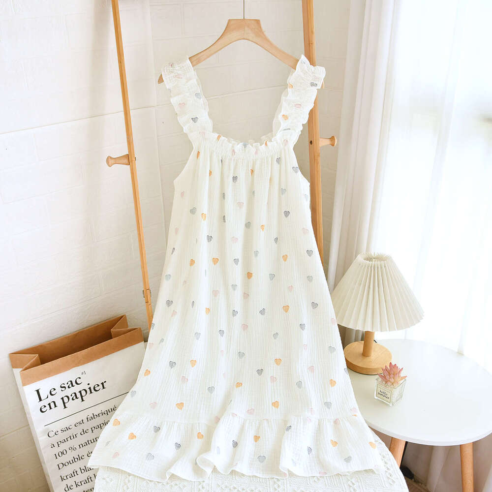 Nightdress for Women Summer Gauze Pure Cotton Thin Strap Nightgown Loose Mid-Length Sweet Cute Long Dress Homewear