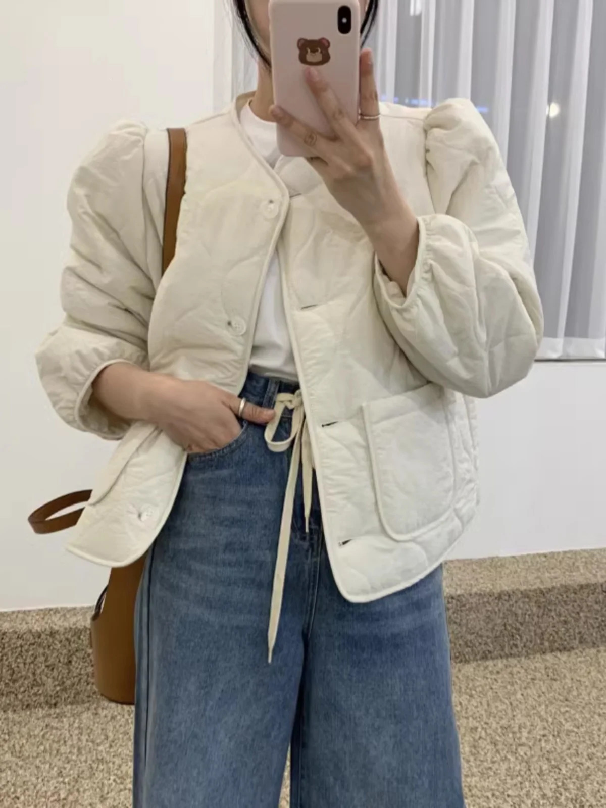Winter ort Coat Womens Loose Fit Long Sve Bla Cotton Jaet Sli Agel Outerwear Top Button Detail Korean Sle 251030