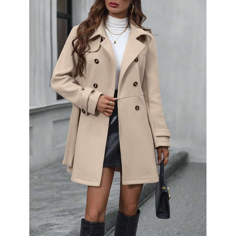 Women S Slim Fit Double Breasted Beige Trench With Button Front Long Sleeves And Flap Pockets Stylish Outerwear For Casual Or Formal Ocns Winter Notch