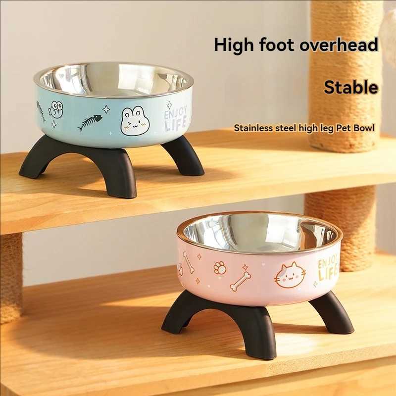 Cat high footed bowl neck protection cat bowl pet stainless steel bowl anti slip and anti knock dog bowl dog food utensil J251113