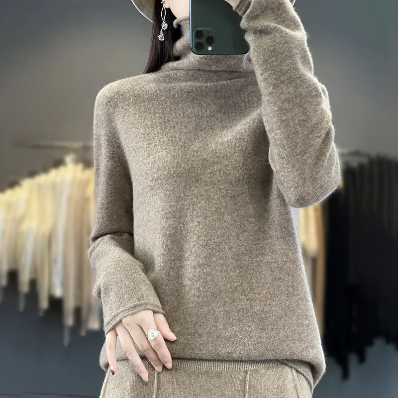 Fashion 100 Merino Wool Sweater Elegant Cashmere Pullover Women Pile Collar Long Sleeve Knitwear Basic Clothing Jumper Tops 251028