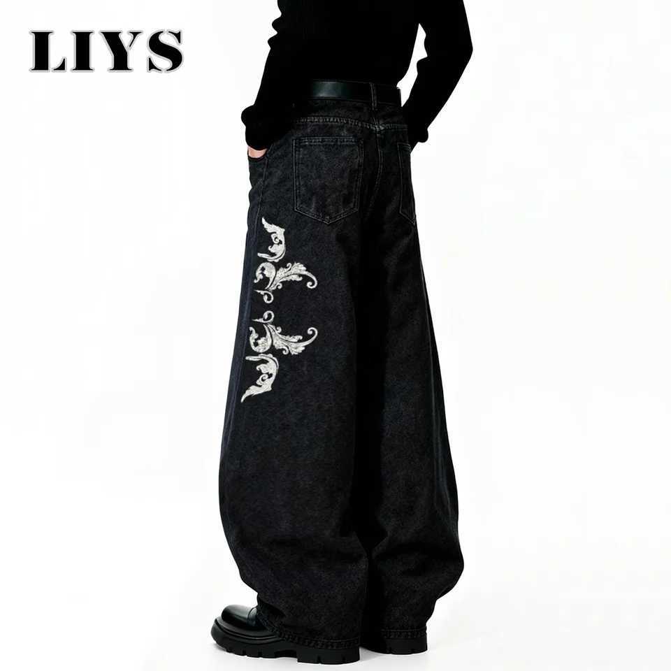 American Retro Street Mens Baggy Wide Leg Jeans Angel Wings Embroidery Button HipHop Bad Boy Charm Loose Denim Pants Clothes J251030