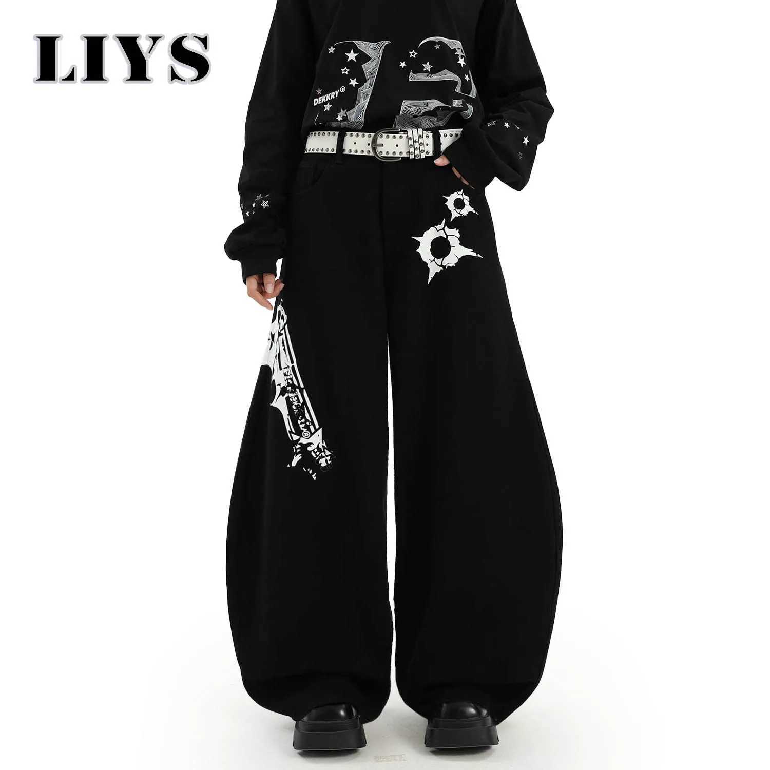 American High Street Pistol Printed Loose Wide Leg Jeans Male Fashion Baggy Machete WideLeg Denim Pants Autumn Men Solid Jeans J251030