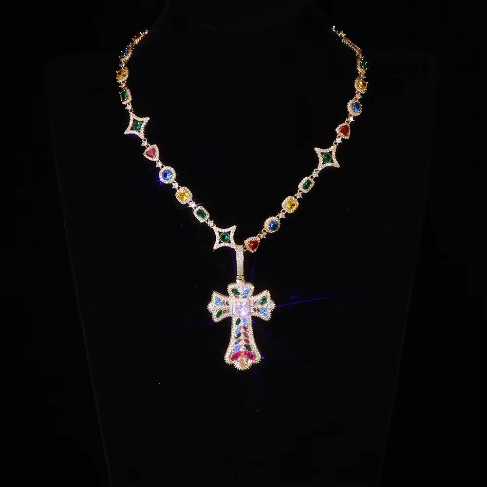 NUOYA Iced Out Colorful Cross Pendant Necklace Gold Plated Large Baguette moissanite Diamonds Custom Charm Design Hip Hop Jewelry Designer's styl
