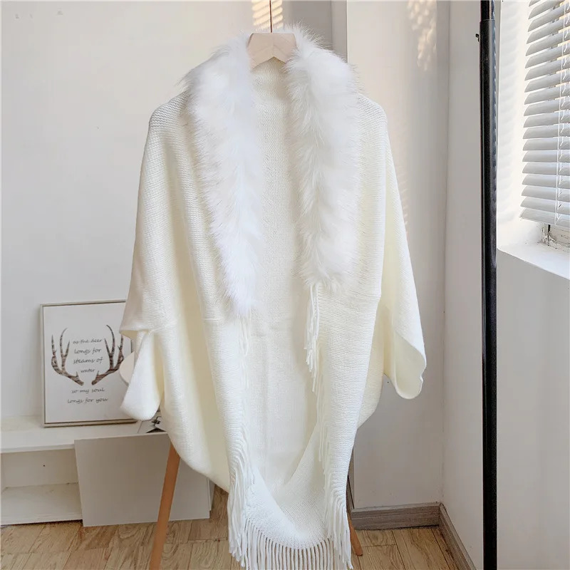 Fur Collar Winter Shawls And Wraps Bohemian Fringe Oversized Womens Winter Ponchos And Capes Sleeve Cardigan White Cloak 251029