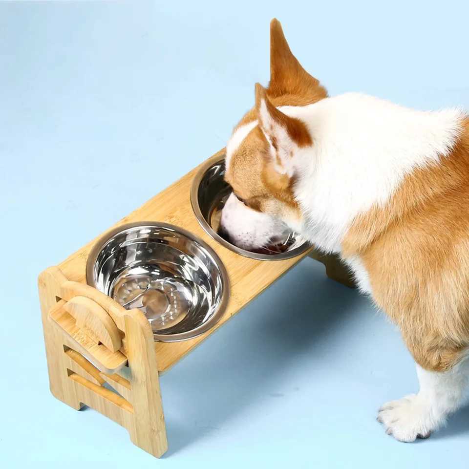 Adjustable wooden raised dog bowl stand with 2 stainless steel bowls for small dogs and cats sturdy wooden pet food feeder J251113