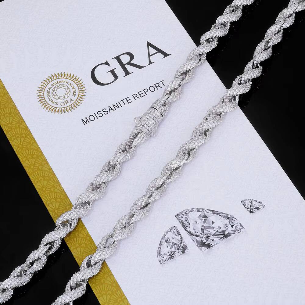 NUOYA Hip Hop Jewelry Full Iced Out Moissanite Rope Chain Necklace 8-10mm 925 Sterling Silver Diamond Twisted Rope Chain for Men Designer's style