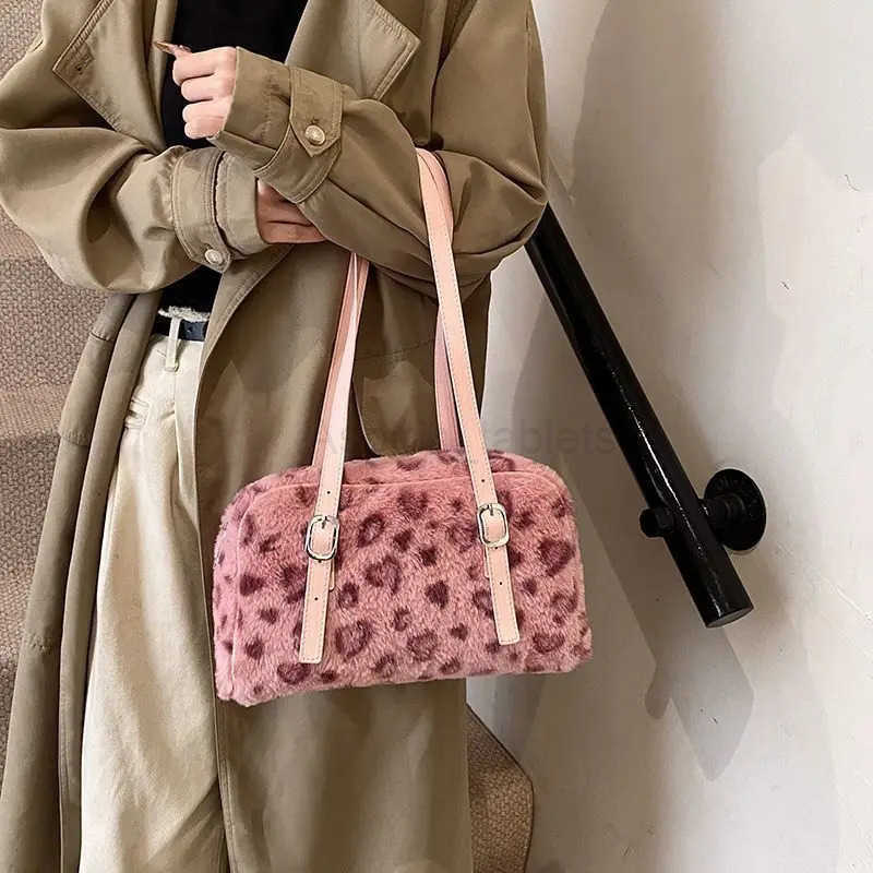 JIAERDI Leopard Print Pink Handbag Women Autumn Winter New Plush Soft Y2k Shoulder Bags Female Sweet Cool Purse Bolsos De Mujer M251030