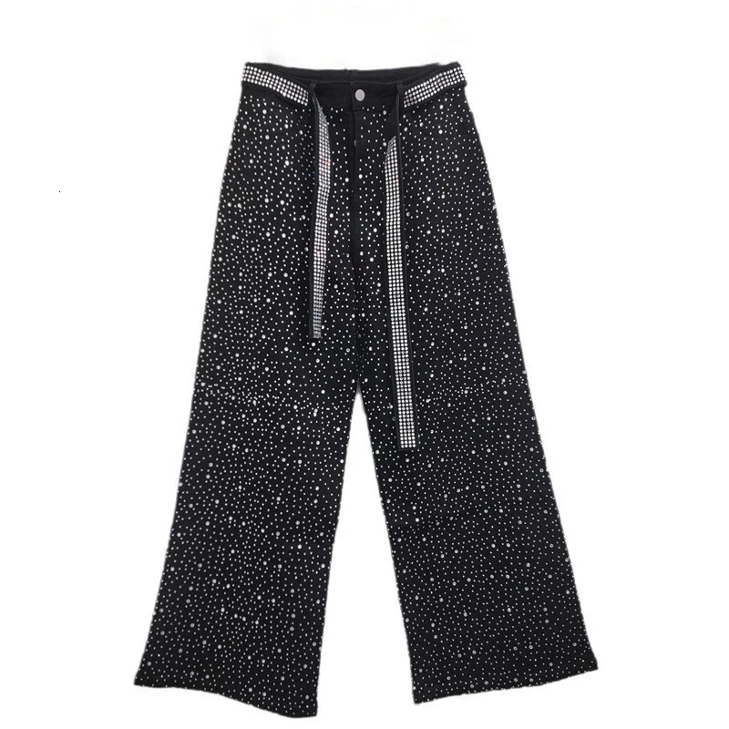 WTHT Trendy Diamonds Straight Jeans For Women Winter Fashion High Waist Belt n Wide Leg Denim Pants Female 1LS410 251029