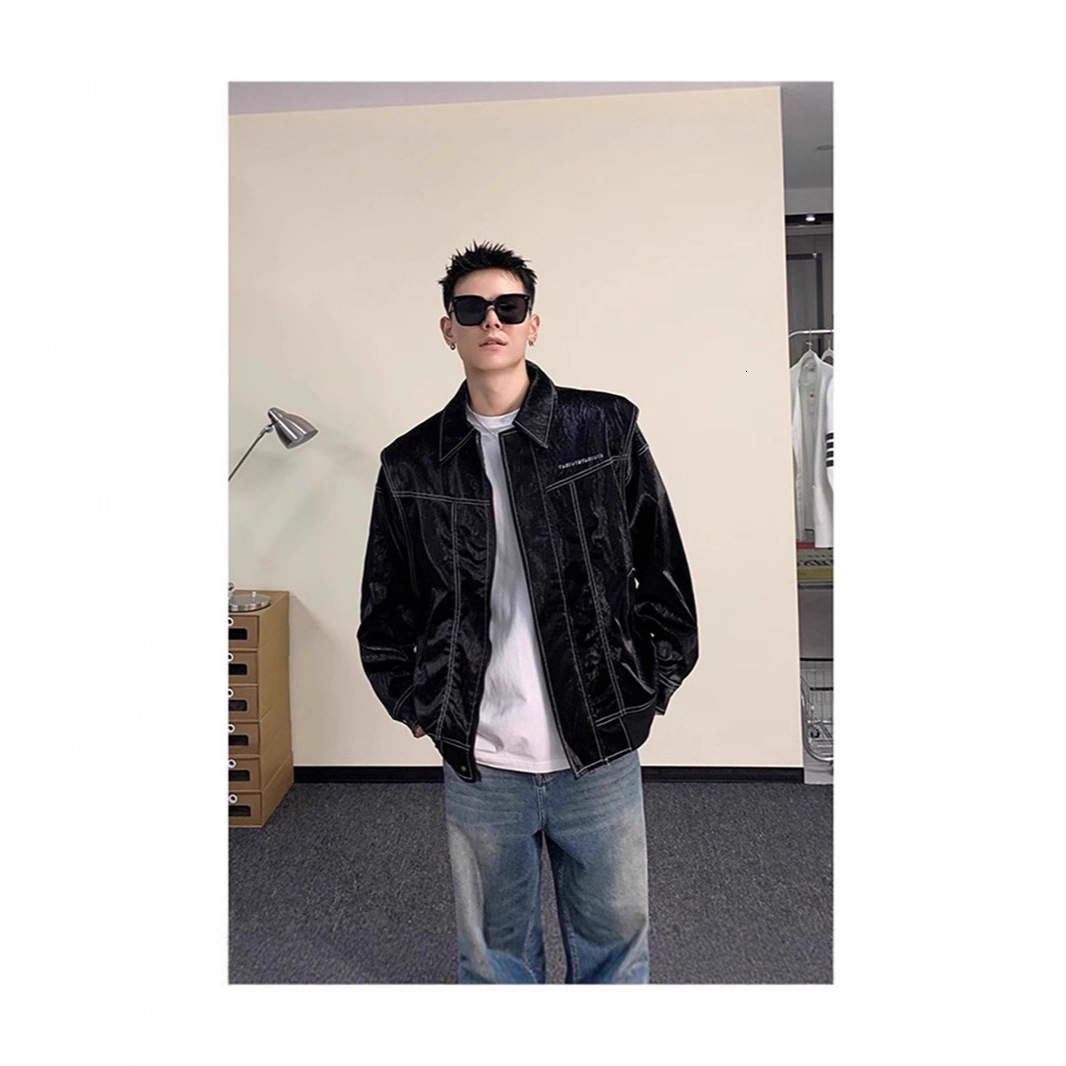 High-end Liquid Designer Coat Glossy Padded Shoulder Leather Jacket For Men Autumn New Trendy Loose Fit Versatile Coat