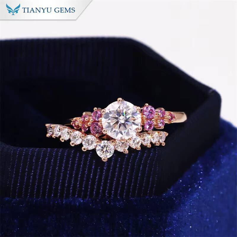 Tianyu Gems Color Gemstone pink Sapphire Rose Gold Moissanite Lab Diamond Rings for Engagement