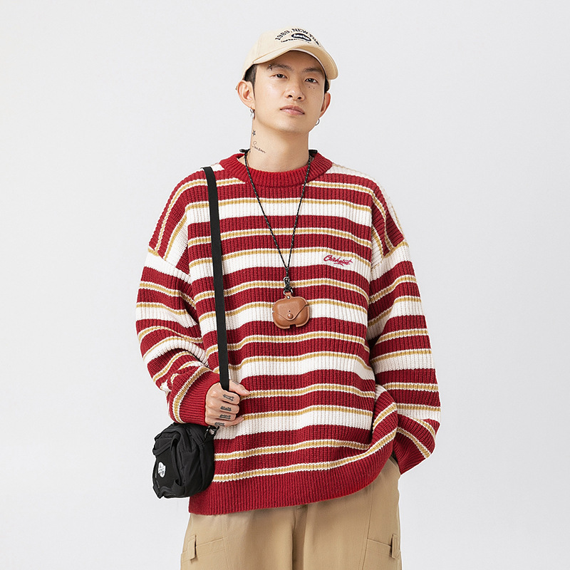 Striped Thick Knit Sweater For Men 2025 Autumn Winter New Designer Sweater Couple Color Block Round Neck Knitwear Jacket