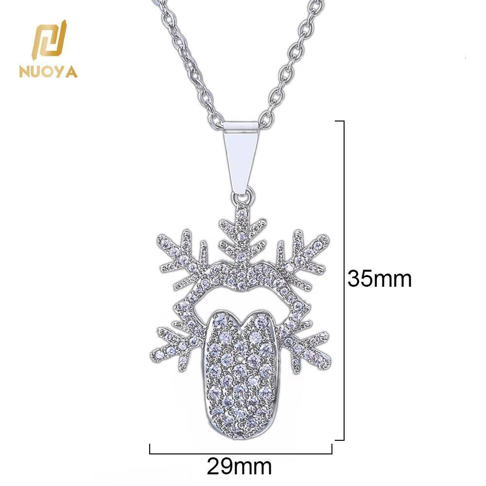 NUOYA Fashion Christmas Jewelry Iced Out Silver Plated Diamond Tongue Shape Snowflake Pendant for Men Women Luxury Gift Necklace Designer's style