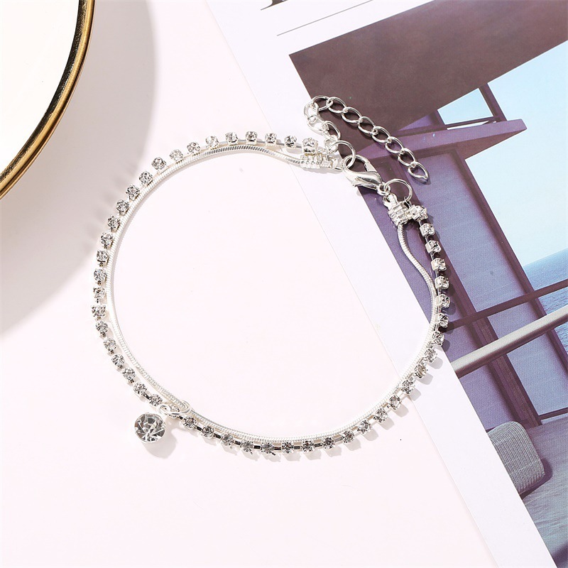 Style Personality Copper Double Layer Inlaid Dia Snake Bone Chain Anklet Women's Beach Foot Jewelry