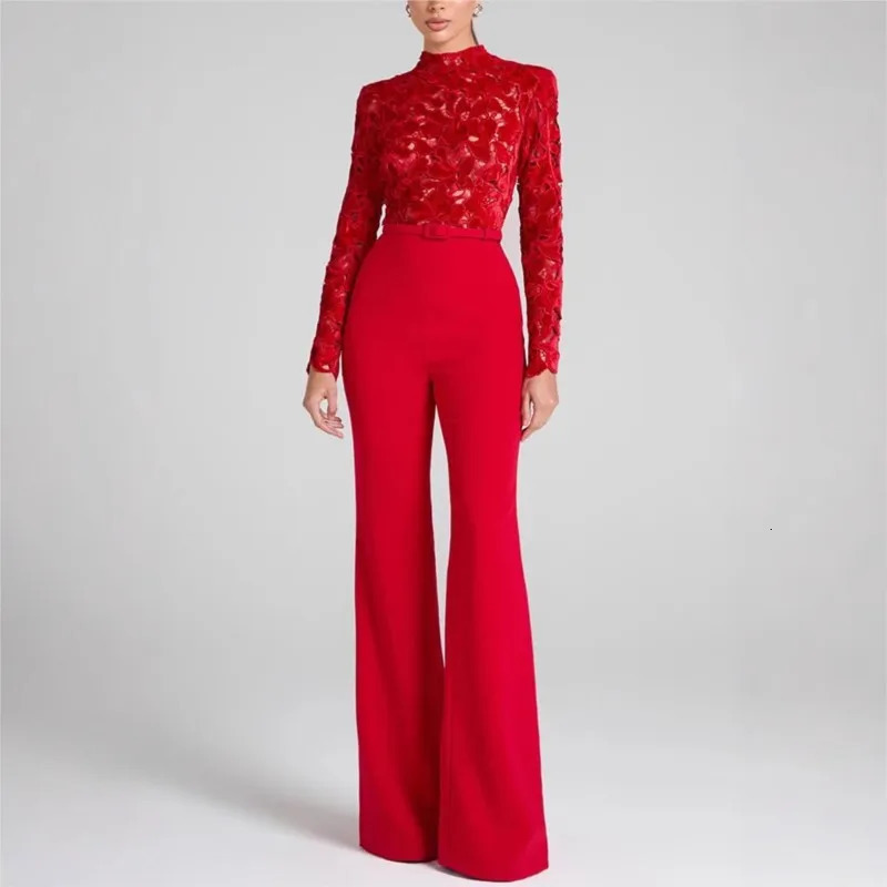 Embroidery Lace Red Jumpsuits Women Sexy Slim Longsleeved Belt High Waist Jumpsuit Female 2025 Casual Lady Party Rompers 251029