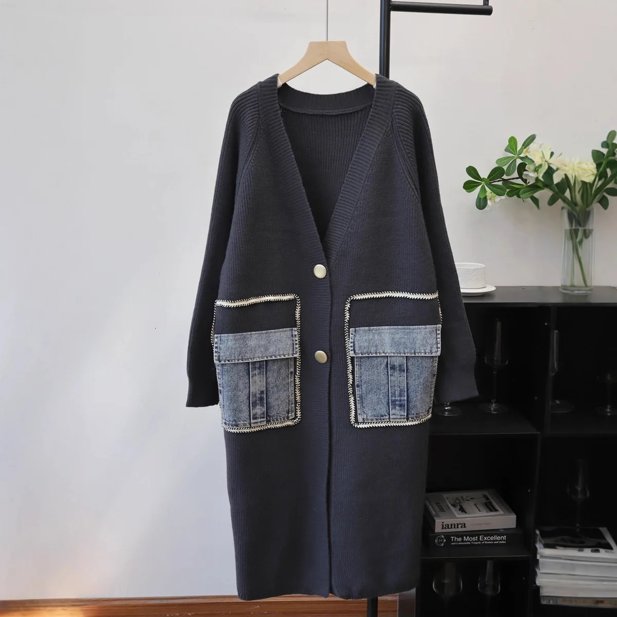 Spliced Women Cardigan Sweaters Knitted Long Jumpers V Neck Long Sleeves Denim Pocket Button Loose Fit Casual Autumn Winter 2025 251029