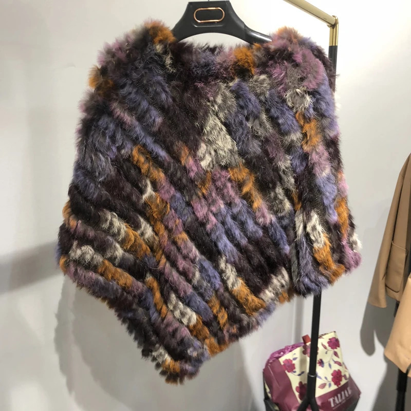 2025 Winter Knitted Natural Fur Shawl Women Fashion Colorful Rabbit Hair Cape Female Rainbow Color Poncho Streetwear 251029