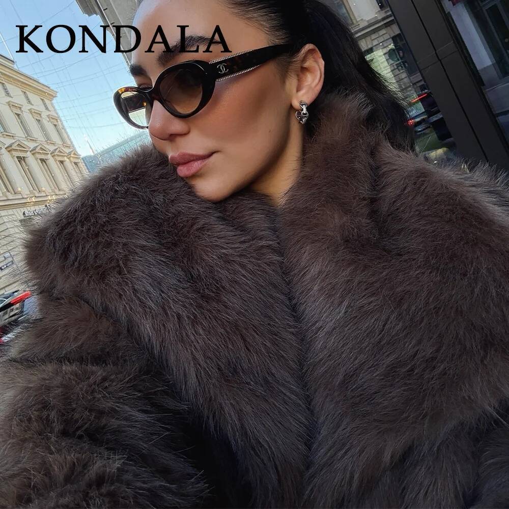 winter jacket women KONDALA 2025 Fall Winter Casual Faux Fur Brown Women Warm Jackets Streetwear Turn Down Collar Christmas Oversized Elegant Coats