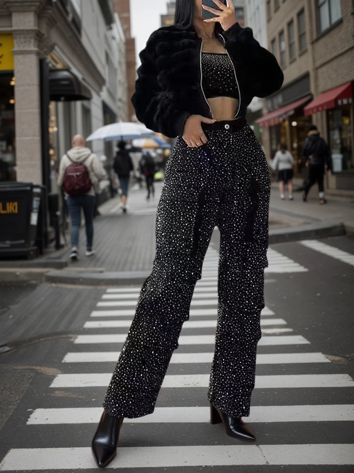 2025 Womens Fashion Street Style Diamond Inlaid Work Jeans Shiny Fashion Jeans Functional Pockets Womens Jeans 251029