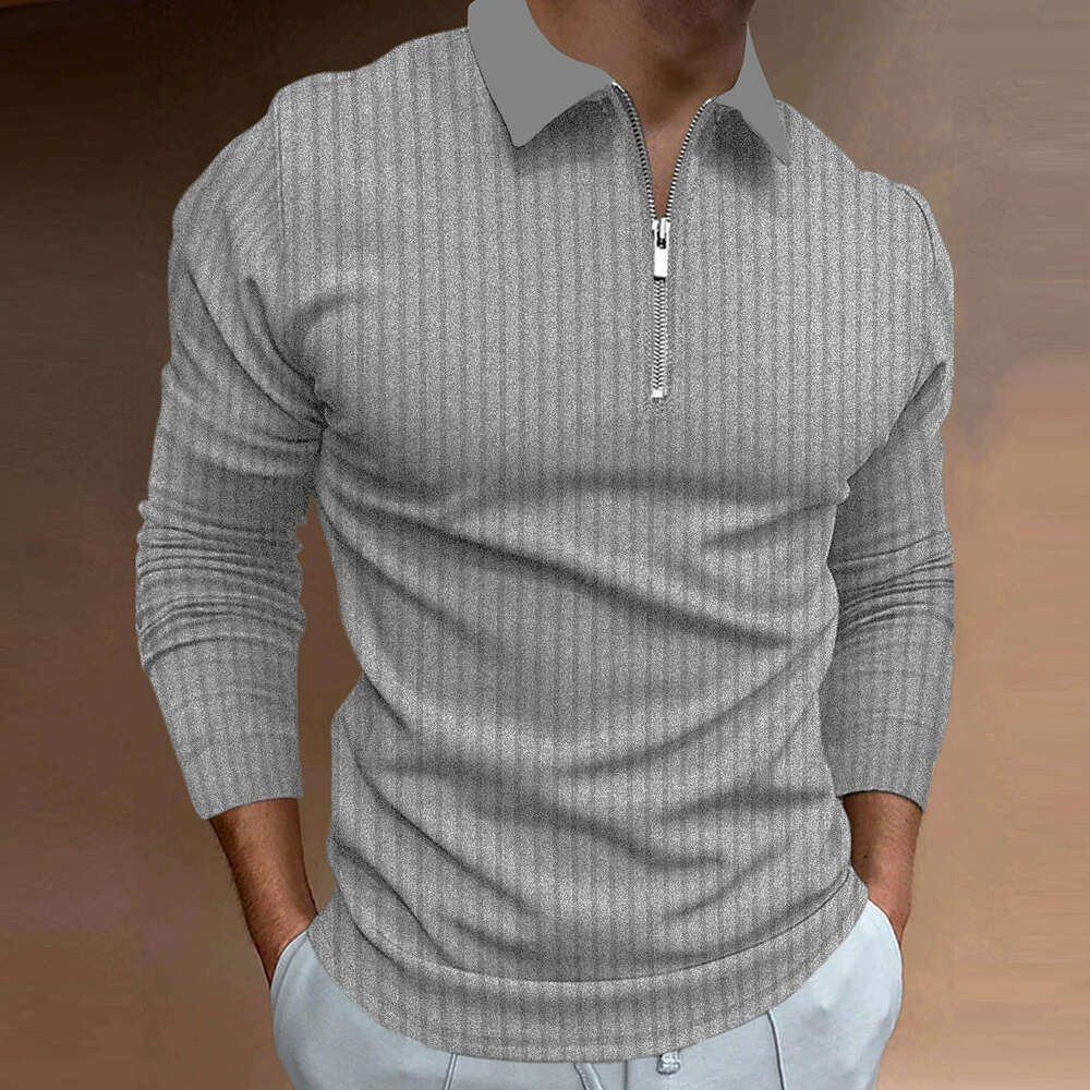 Men's Autumn Sports Fitness Casual Stand Collar Stretch Vertical Stripe Long Sleeve Zipper Polo Shirt