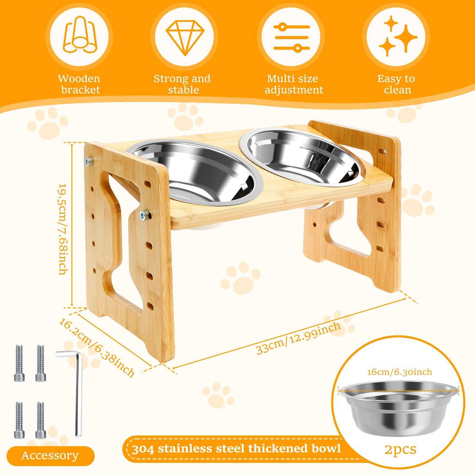 Elevated Dog Bowls Wood Tilted Adjustable Dogs Feeder Stand with Stainless Steel Food Bowls for Your Cat and Dog Pet Accessories J251113