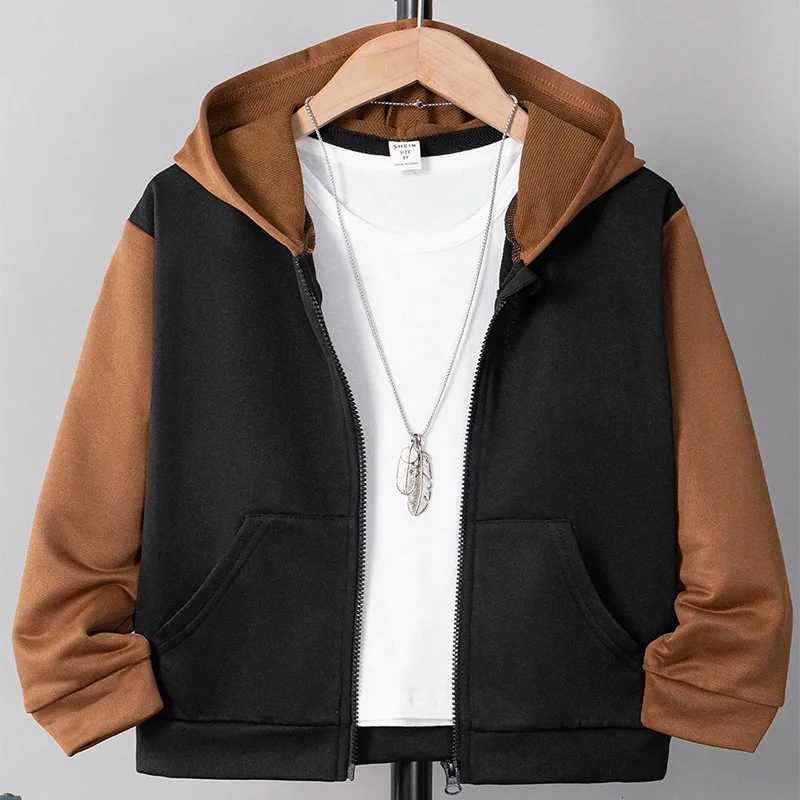 Autumn And Winter Boys Cute Cold And Warm Block Color Hooded Zipper Hoodie Coat Daily Leisure Birthday Party ClothingT251030