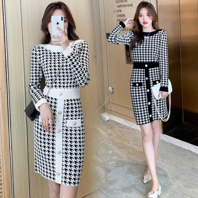 Women Houndstooth Knitted Dress Autumn Fashion Slash Neck Retro Knit Sweater Robe Work Strtwear Winter Chic Plaid Dress C251030