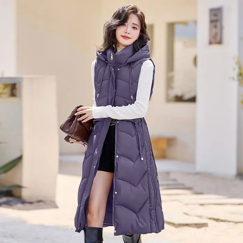 Autumn Winter Women Sleeveless Waistcoat Warm Puffer Jacket Ultra Light Mid Long Down Cotton Vest Female Outwear Casual Tops 251024