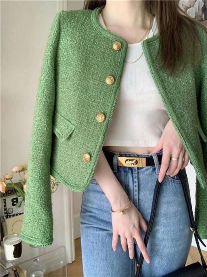 Green Blazer Jacket Woman Fashion Chic And Elegant Aesthetic Autumn Cropped Trend Korean Short Winter Women's Coat 2026Clothes