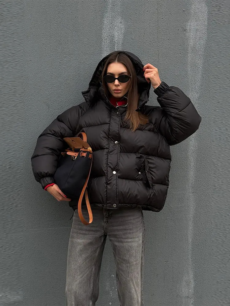 2025 Winter Women Zipper Hooded Quilted Jacket Casual Long Sleeve Pockets Oversize Warm Coats Fashion Lady Outerwear Street 251030