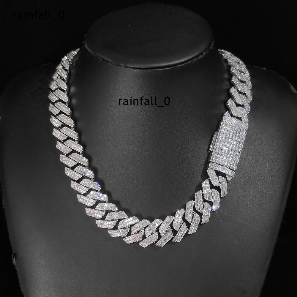 New Style 20mm Baguette Moissanite Prong Cuban Chain Necklace in White Gold Iced Out Hip Hop Jewelry Cuban Link Chain