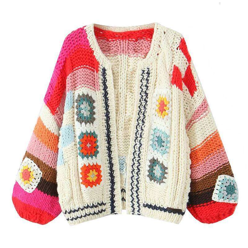 YENKYE Multicolor Handmade Crochet Cardigan Sweater For Women Lantern Sleeve Loose Boho Coat Autumn Winter Outerwear