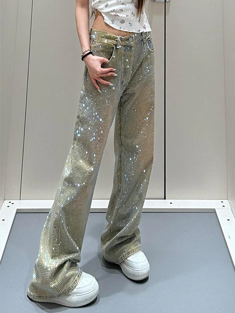 Y2K Women Diamond Jeans Spicy n Summer Spring Style Personality Star Print Niche Straight Leg Long Pants 251029