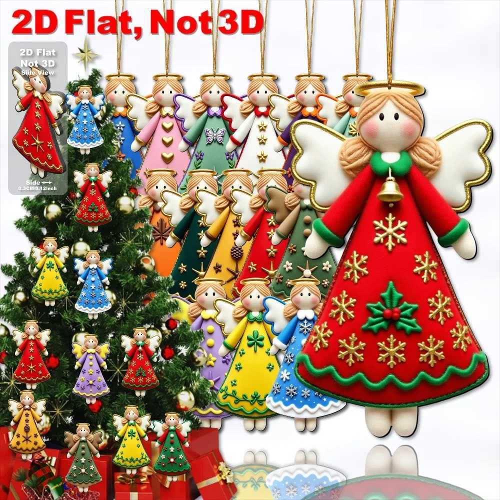 16pcs Artificial Wood Angel Ornaments with Golden Star Ribbon Bows 2D Flat Pendants for Christmas Thanksgiving New Year Decor C251030