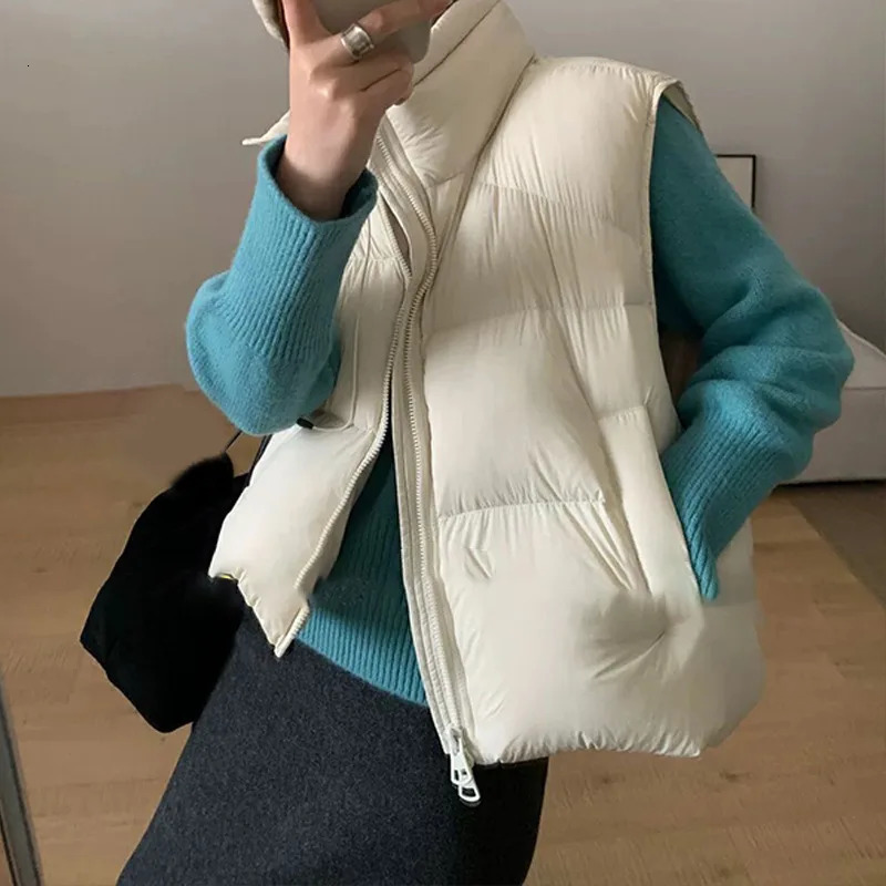 Autumn Winter Drawstring Stand Collar Down Vest Women White Duck Down Sleeveless Puff Vests Female Double Zipper Warm Waistcoats 251029